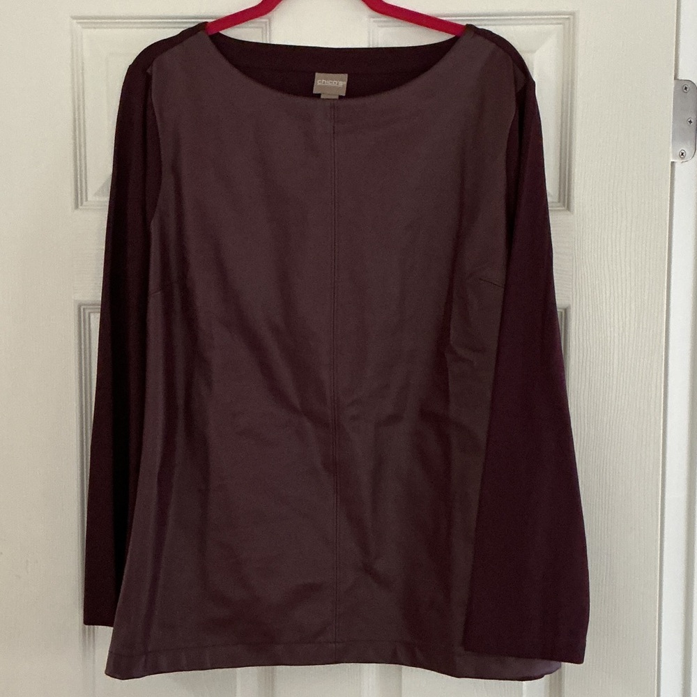 Chico's Faux Leather Front Deep Burgundy Long Sleeve Top
